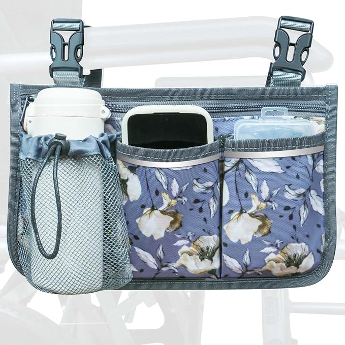 Wheelchair Bag, Walker Bag, Wheelchair Side Bag, Armrest Organizer Pouch with Cup Holder Attachment and Reflective Strip, Accessories for Most Wheelchairs, Walker, Rollators Purple-Malus