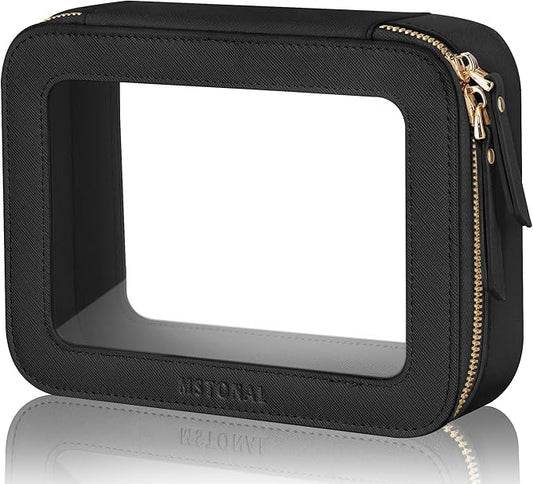 MSTONAL Clear Makeup Bag, Travel Toiletry Bag Cosmetic Case for Women, Waterproof Portable Make Up Skincare Pouch with Zipper, Compact Car Organizer Bag for Essentials, Medium Size, Black