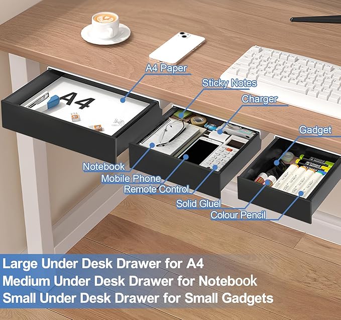 Under Desk Table Drawer Storage Organizer,3 Pack Large & Medium & Small Slide Out Desk Drawers - Hidden Desktop Organizer,Adhesive Storage Pencil Tray Under Table(BLACK/LMS)