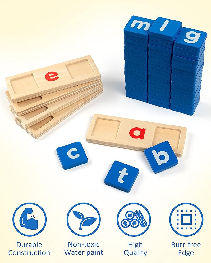 Coogam Wooden Short Vowel Reading Letters Sorting Spelling Games, Site CVC Words Learning Flashcards Alphabet Puzzle Montessori Educational Toy Gift for Kids 3 4 5 Years Old