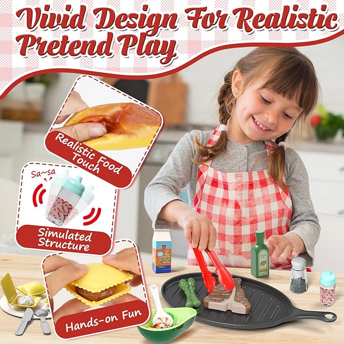 Lehoo Castle Play Kitchen Accessories, Play Food Sets for Kids Kitchen, Fake Food Pretend Play for Toddlers 3-5, Realistic Felt Food Playset for Kids Restaurant Pretend Food with Dishes