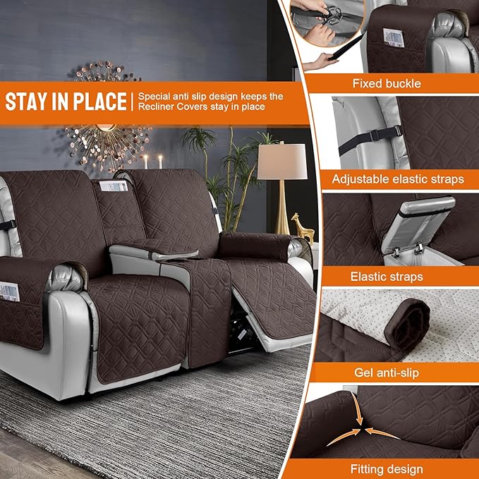 VANSOFY Loveseat Recliner Cover with Console 100% Waterproof Sofa Slipcovers Non-Slip Reclining Couch Covers Split Sofa Cover Furniture Protector for Pets, Dogs(Chocolate)