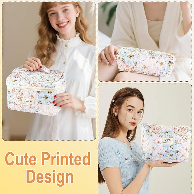 URSKYTOUS 3Pcs Cotton Quilted Makeup Bag for Women Girls Large Small Travel Floral Cosmetic Bags Set Cute Coquette Makeup Pouch for Purse Aesthetic Cloth Bee&Flower Storage Toiletry Bag Organizer