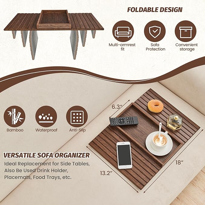 GEHE Bamboo Sofa Arm Tray, Foldable Couch Arm Tray Side Table, Anti-Falling Armrest Tables Cup Holder for Snacks, Drinks, Beers, Phone, Control, Flexible and Portable, Anti-Slip Bottom