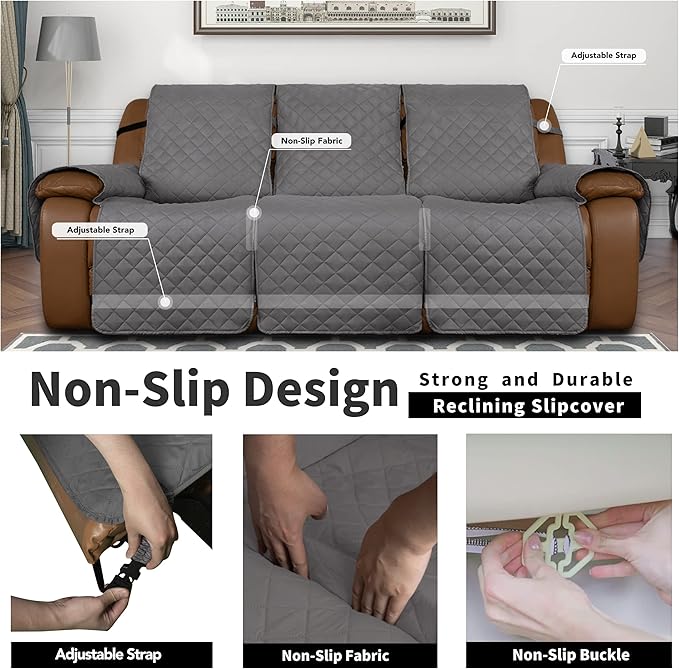 Easy-Going Oversized Recliner Sofa Cover, Reversible Couch Cover for 3 Seat Recliner, Split Sofa Cover for Each Seat with Elastic Straps for Kids, Dogs, Pets (3 Seater, Gray/Gray)