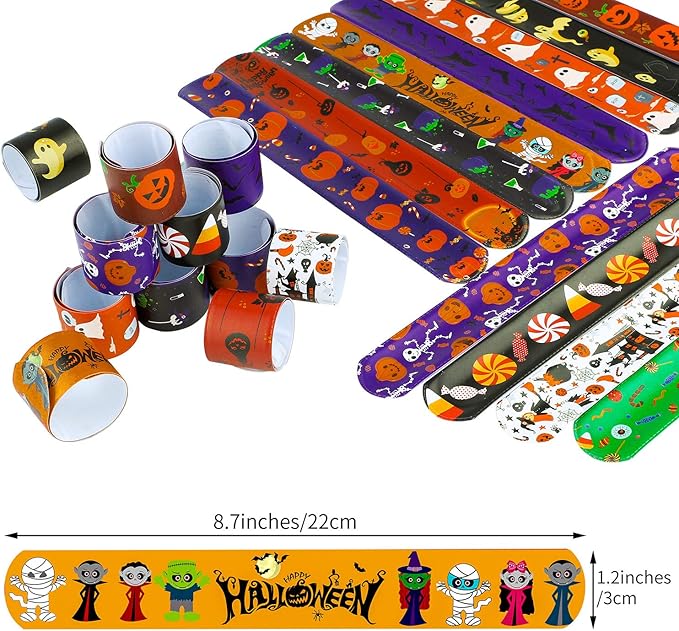 Elcoho 48 Pieces Halloween Slap Bracelets Toys Assorted Halloween Designs Snap Bracelets Wristbands for Craft Halloween Party Favors Exchanging Gifts