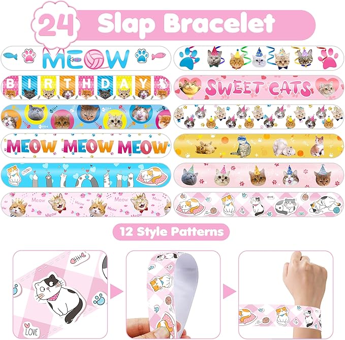 48PCS Cat Party Favors - 24PCS Tattoos & 24PCS Slap Bracelets - Kitty-Themed Birthday Supplies, Cute Decorations, Classroom Prizes, Gifts for Boys & Girls