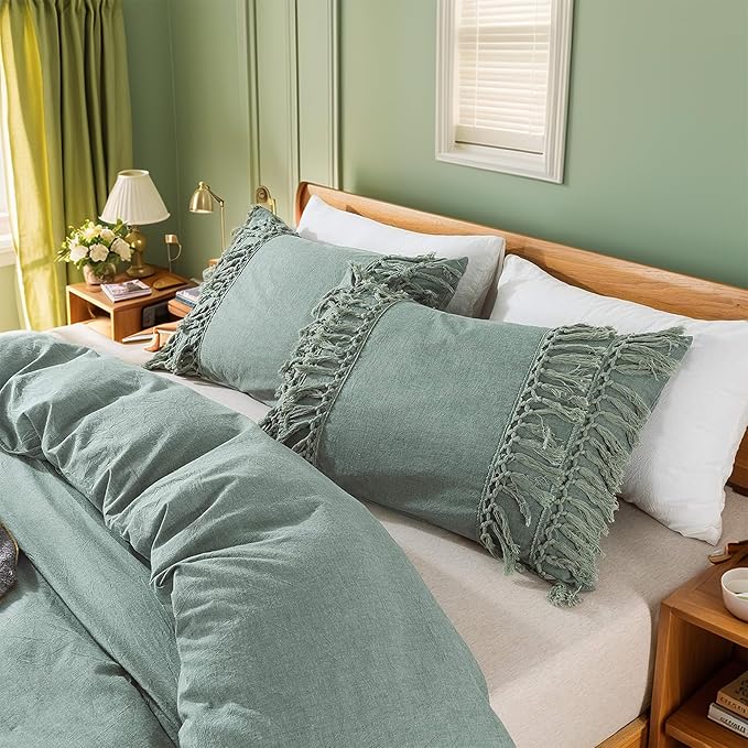 Helthep Vintage 100% Washed Cotton Tassel Queen Size Bedding Set Dark Sage Green 3Pcs Duvet Cover Set Fringed Boho Hidden Zipper Closure Soft Breathable Green Comforter Cover w Tassels