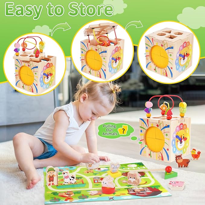 Toddler Wooden Activity Cube Toys, Montessori Toys for 1 2 3 Year Old Boy Girl, Educational Learning Toys for Toddlers 1-3 2-4 Years, Sensory Infant Toys First 1st 2st one two Christmas Birthday Gifts