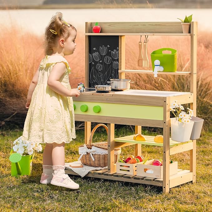 Giant bean Mud Kitchen Playset for Kids, Deluxe Wooden Toy Play Kitchen Set for Boys and Girls Ages 3-8 Indoor & Outdoor Activities, with Sand and Water Sink, Cookware Pots