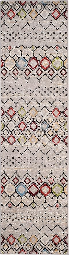 SAFAVIEH Amsterdam Collection Runner Rug - 2'3" x 22', Light Grey & Multi, Moroccan Boho Design, Non-Shedding & Easy Care, Ideal for High Traffic Areas in Living Room, Bedroom (AMS108G)