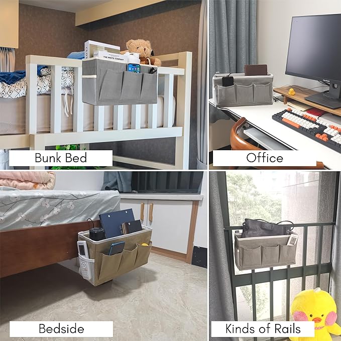Beside Caddy Storage Organizer, Hanging Bag Holder with Pockets for Bedroom, Loft Bed Tent, Bed Curtain, Top Bunk bed Shelf Accessories Bedside Caddy 3-pocket (Gray_1pcs)