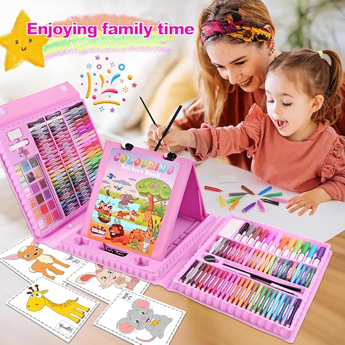 Art Supplies 297 Piece Drawing Art Kit Christmas Gifts for Girls Boys Kids Teens Gifts Coloring Art Set Case with Trifold Easel, Stickers, Coloring Book, Apron, Scissors, Origami Paper 40 Sheets