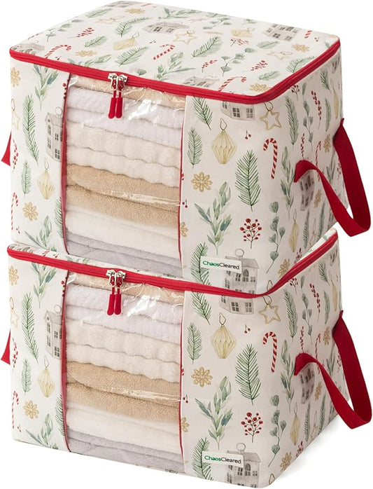 Canvas Storage Bags Designer Organizer 2 Pack – Seasonal Storage for Sweaters, Blankets, Linens & Garments – Foldable Design with Zip & Window, Moth-Proof Space Saver, Candycane Print