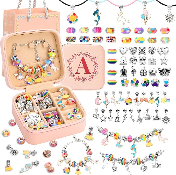 Charm Bracelet Making Kit for Girls Ages 3-12, 66Pcs Kids Jewelry Making Kit Easy to Craft Necklace Personalized Birthday Christmas Gifts With Jewelry Organizer Box A To Z For Girls Jewelry Maker (A)