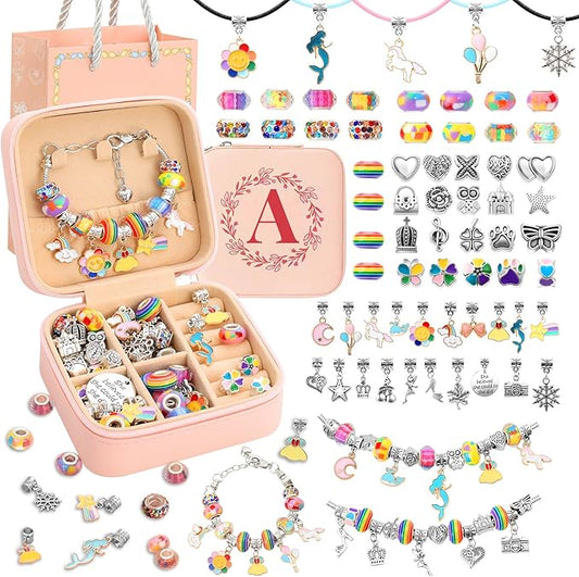 Charm Bracelet Making Kit for Girls Ages 3-12, 66Pcs Kids Jewelry Making Kit Easy to Craft Necklace Personalized Birthday Christmas Gifts With Jewelry Organizer Box A To Z For Girls Jewelry Maker (A)