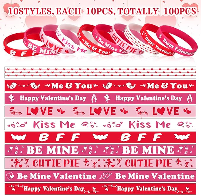Hiboom 100 Pcs Valentine's Day Bracelets Bulk Silicone Wristband Red Pink Love Heart Accessories Gift for Valentine's Day Party Decorations Favors, 10 Designs