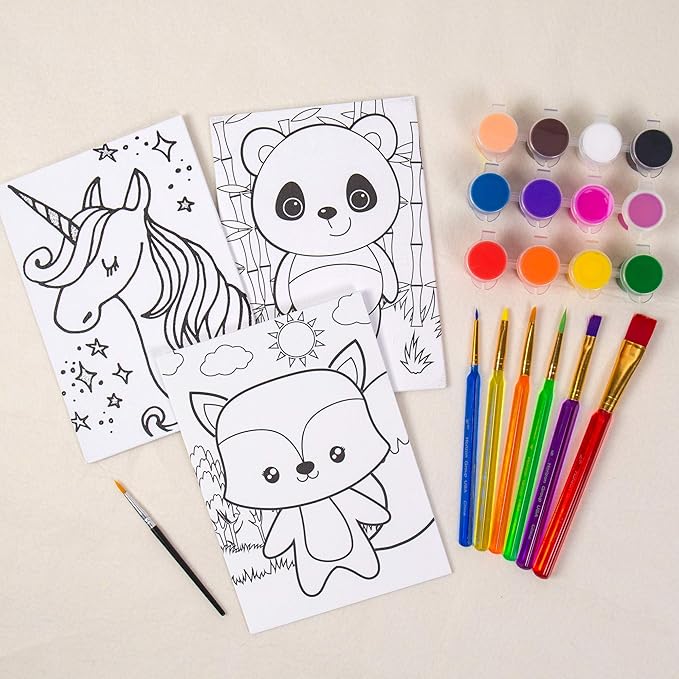 Horizon Group USA Pre-Printed Canvas & Paint Art Set. Ready to Paint 5" x 7" Canvas Panels, 12 Tempera Paints, 6 Easy-Grip Assorted Paintbrushes Included. Panda, Fox & Glitter Unicorn