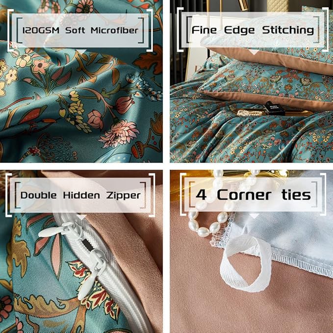 OranFran Vintage Style Duvet Cover Set,5 PCS Boho Comforter Cover Set,Paisley Floral Bedding Set,Green Floral Duvet Cover,King Duvet Cover,Soft Reversible Design(Autumn,King/California King)