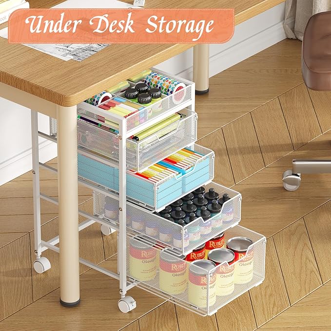Rolling Utility Cart with 4 Drawers, Craft Organizer and Storage Carts with DIY Divider, Lockable Wheels Storage Organizer for Art Supplies, Store for Brushes & Paints & Artifacts, White