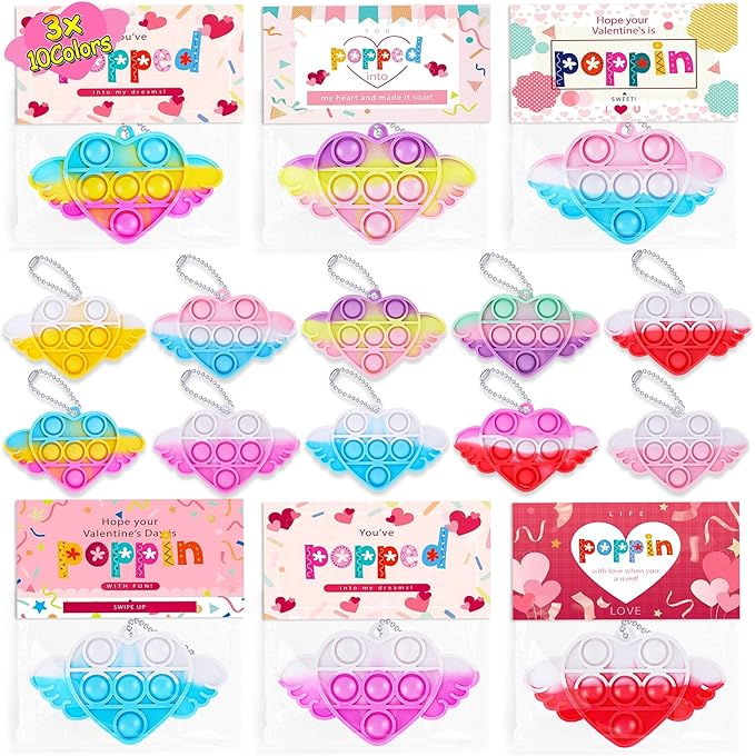 30 Pcs Valentines Day Gifts for Kids Heart Pop It Fidget Keychain Toys with Valentine's Cards for Classroom Exchange, Party Favors, Goody Bag Fillers, and Valentine's Day Party Supplies