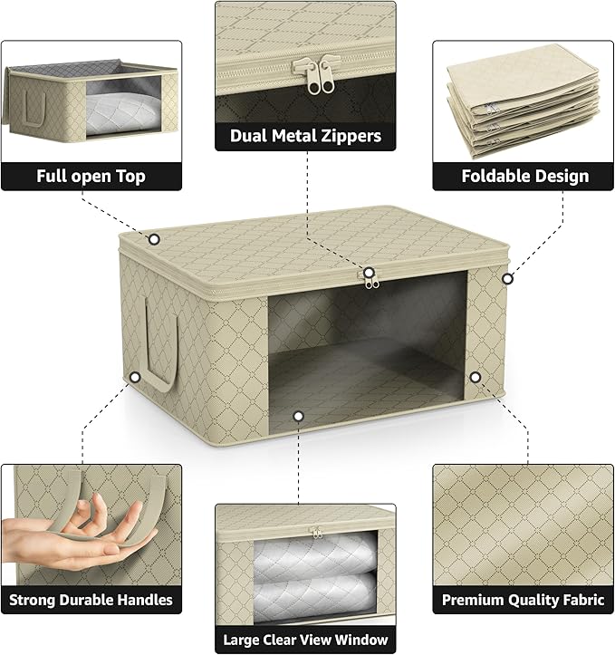 Sorbus Medium Clothes Storage Bags - Foldable Blanket Storage Bins for Organizing Bedroom, Closet, Clothing, Comforter, Organization with Clear Window, Lids and Carry Handles - Set of 6