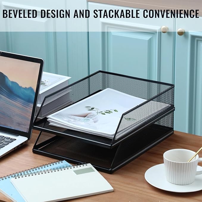 Hicarer 4 Pcs Black Metal Letter Tray Stackable Desk Tray Single Wire Mesh Organizer Front Load File Paper Holder for Desktop Office Home School Classroom (12.8 x 9.84 Inch)