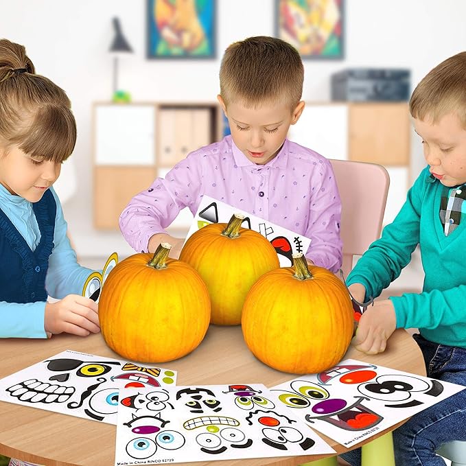 ArtCreativity Halloween Pumpkin Decorating Stickers - 12 Large Sheets - Jack-o-Lantern Decoration Kit - 26 Total Face Stickers - Cute Halloween Decor Idea - Treats, Gifts, and Crafts for Kids- 6" x 9"