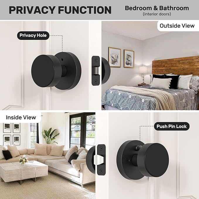 Matte Black Door Knobs Interior Black Privacy Door Knob with Lock, Heavy Duty Round Vintage Door Handle for Bedroom Bathroom