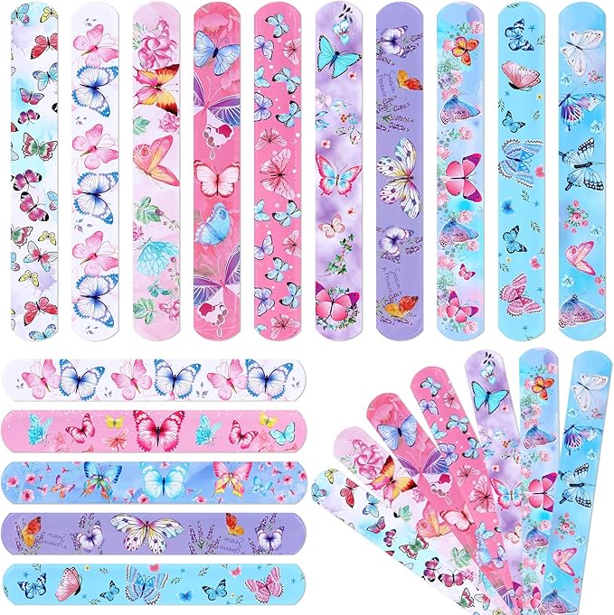 48 Pcs Butterfly Slap Bracelets Wristbands Toys Birthday Party Favors Kids Bracelets Snap Bands for Girls Butterfly Theme Birthday Party Decorations Supplies Class Prize Exchanging Gift, 12 Styles