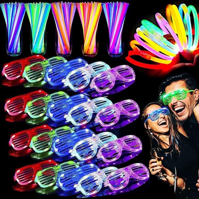 125 Pack Glow in The Dark Party Supplies Light Up Party Favors with 100 Glow Sticks and 25 Led Glasses Shutter Shades Sunglasses Neon Glow Accessories for Kid Adult Wedding Birthday Concert Party