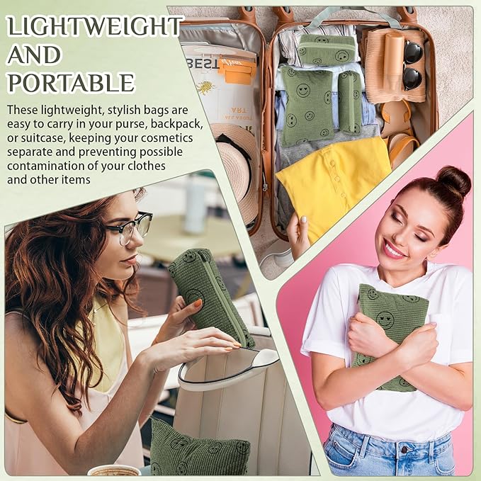 Huhumy 3 Pcs Makeup Bag Set for Women Corduroy Cosmetic Pouch Aesthetic Smile Travel Toiletry Bag Cute Purse Pouch Pencil Case Makeup Brushes Storage Organizer for Valentine(Army Green,Smile Face)