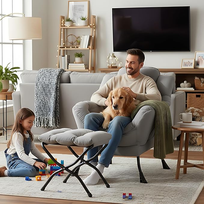 Welnow Lazy Chair with Ottoman, Modern Lounge Accent Chair with Armrests and a Side Pocket, Leisure Sofa Armchair Set, Reading Armchair with Footrest for Small Space, Light Grey