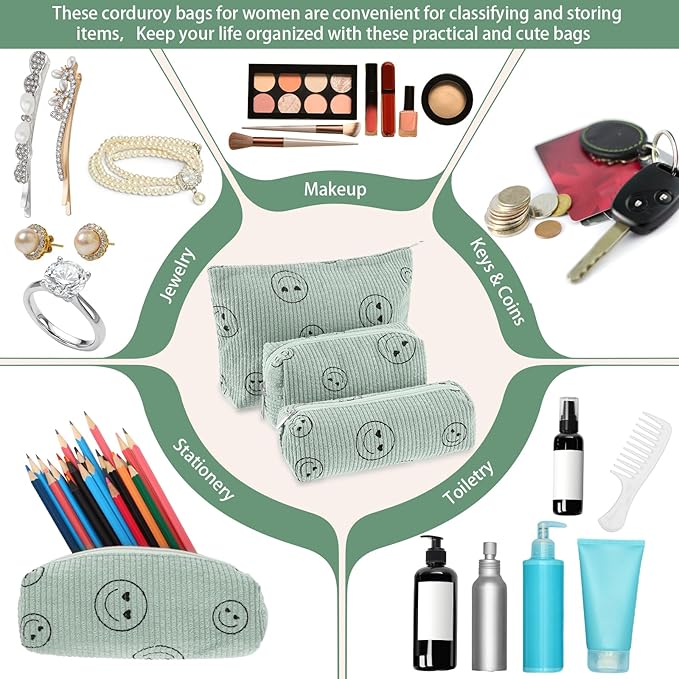 Huhumy 3 Pcs Makeup Bag Set for Women Corduroy Cosmetic Pouch Aesthetic Smile Travel Toiletry Bag Cute Purse Pouch Pencil Case Makeup Brushes Storage Organizer for Valentine(Gray,Solid Style)