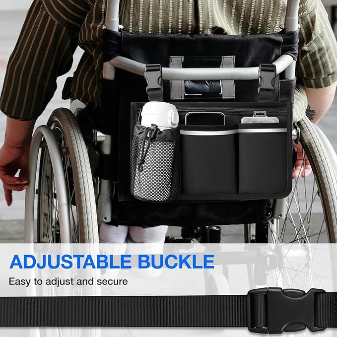 Wheelchair Bag, Walker Bag, Armrest Organizer Pouch with Cup Holder, Reflective Strip, Accessories for Most Wheelchairs, Walkers, Rollators (Black)