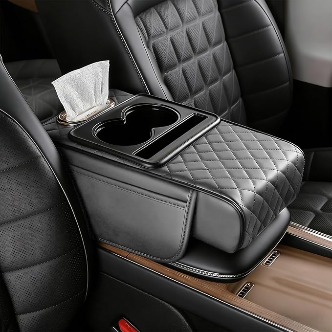 Car Armrest Cushion, Car Center Console Cover, Leather Armrest Cover for Car, Universal Middle Console Cushion with Storage Box, Cup Holder, Phone Slot, Waterproof Interior Accessories (Light gray)