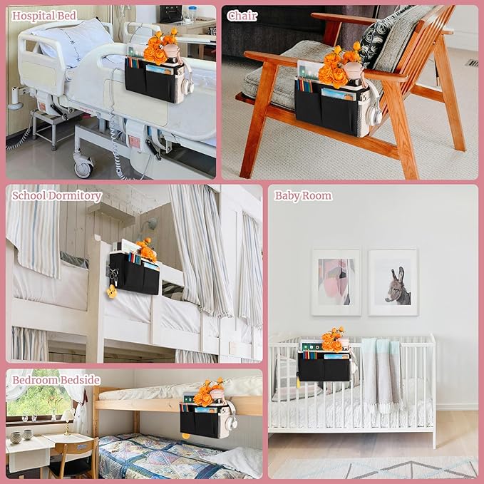 Bedside Caddy Bedside Hanging Storage Basket Bed Caddy for Headboards Bunk Dorm Rooms Crib Beds Rails Organizer (Black)