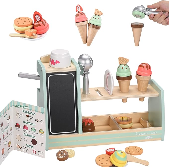 Giant bean Wooden Ice Cream, Coffee and Frozen Treat 3-in-1 Counter Playset, 25 PCS Toddler Pretend Play Kitchen Accessories, Kids Wooden Toys for 1+, Christmas Birthday Gift for Kids