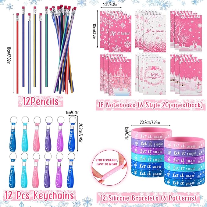 Abbylike 140 Pcs Winter Party Favors Christmas Gifts for Kids Snowflake Wonderland Party Favors Supplies Birthday Notebook Bracelet Stamper Sticker Drawstring Bag Pencil Button Pin Keychain