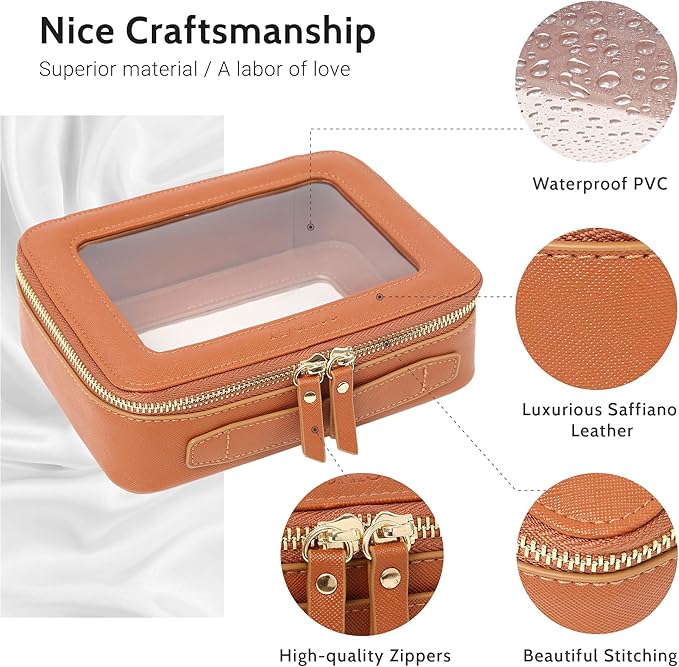 Aveniee Clear Makeup Bag, Travel Toiletry Case Car Accessories Organizer for Women, Heavy Duty Clear Pouch with Dual Zippers(Brown)