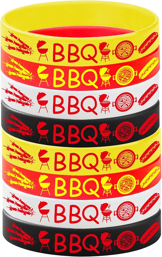 24PCS BBQ Rubber Bracelets Party Favors -Barbeque Themed Silicone Wristbands Party Supplies Decorations Hot Dog Birthday Baby Shower Party