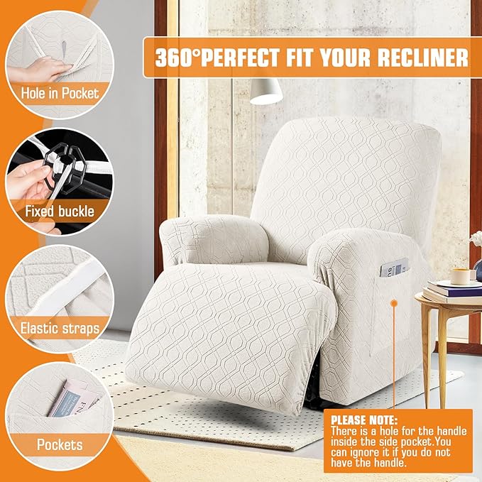 VANSOFY Oversized Recliner Chair Cover, 4-Pieces Stretch Recliner Covers for Recliner Chair Soft Reclining Chair Slipcover Jacquard Pattern Furniture Protector for Dogs Cats(Off White)