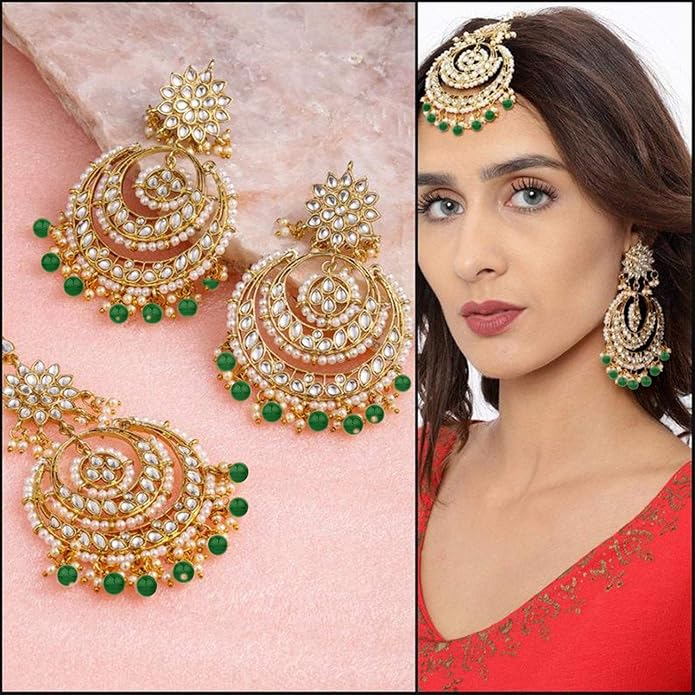 Aheli Bollywood Ethnic Chandbali Style Big Earrings Maang Tikka Set Traditional Fashion Jewelry Gift for Women