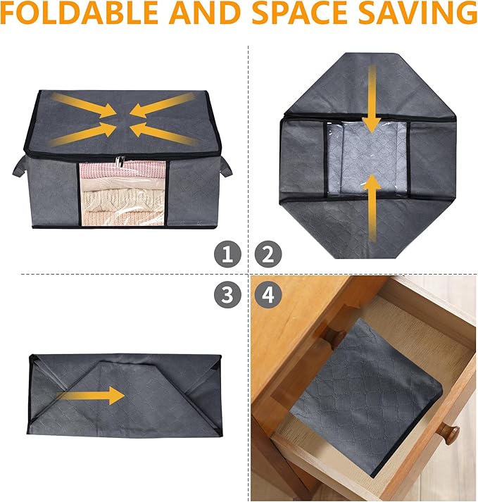 2 Pack Clothes Organizer Storage Bags with Zipper, 45L Foldable Blanket Storage Box with Clear Window Sturdy Handles for Closet, Dorm, Pillows, Bedding, Sweater, Clothing, Gray