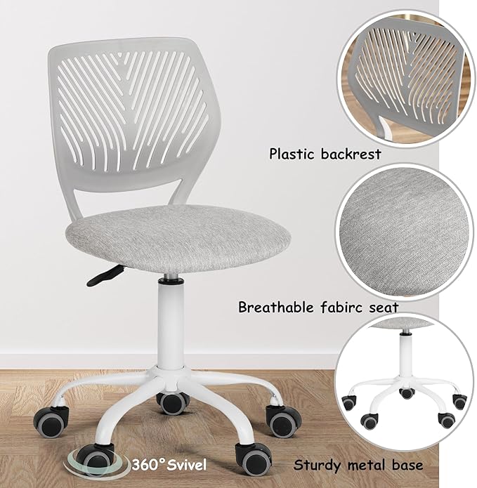 Homy Casa Armless Home Office Desk Chair, Colorful Task Chair with Soft Mesh Padded Cushion, Height Adjustable Swivel Study Computer Chair for for Girls Boys Teens (Grey, 1PC)