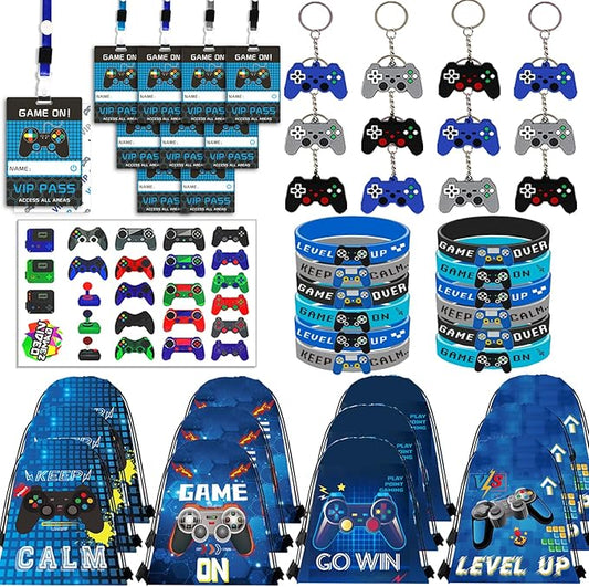 122Pcs Video Game Party Favors, Gamer Party Favors for Boys Includes 13 x 11 Inch Video Game Party Drawstring Bags Bracelets VIP Passes with Lanyards Keychains Tattoo Stickers for Gaming Party Favors