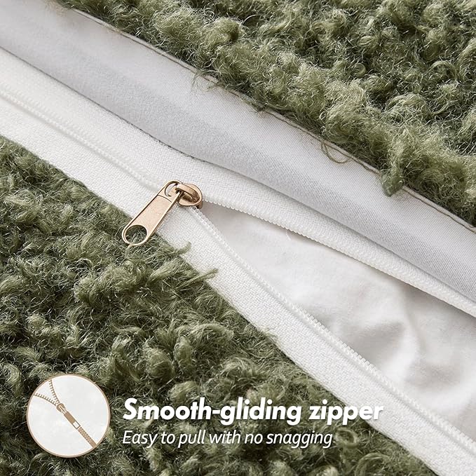 Woaboy Faux Fur Throw Pillow Covers 20x20 Inch Set of 2 Boucle Neutral Decorative Sherpa Fuzzy Accent Soft Sheepskin Fleece Cushions Modern Home Decor for Couch Sofa Bedroom Living Room,Olive Green