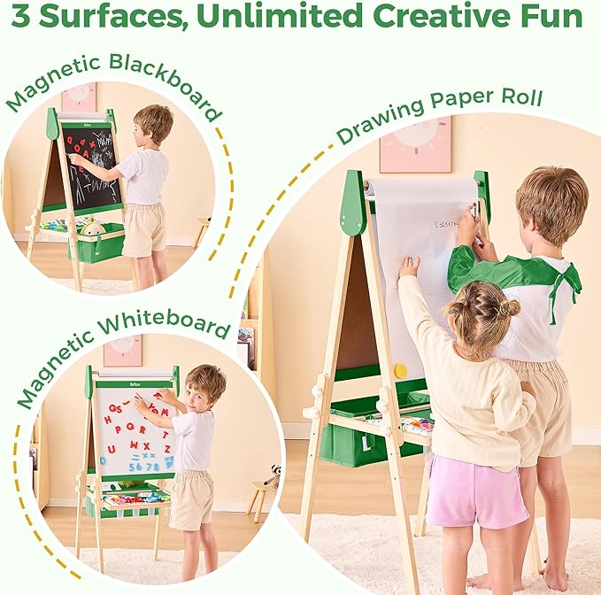 All-in-One Art Easel for Kids with 2 Paper Rolls & Deluxe Accessories, Adjustable Magnetic Double Sided Whiteboard & Chalkboard, Painting Kid Easel for Toddlers 2-8, Ideal Christmas Gift