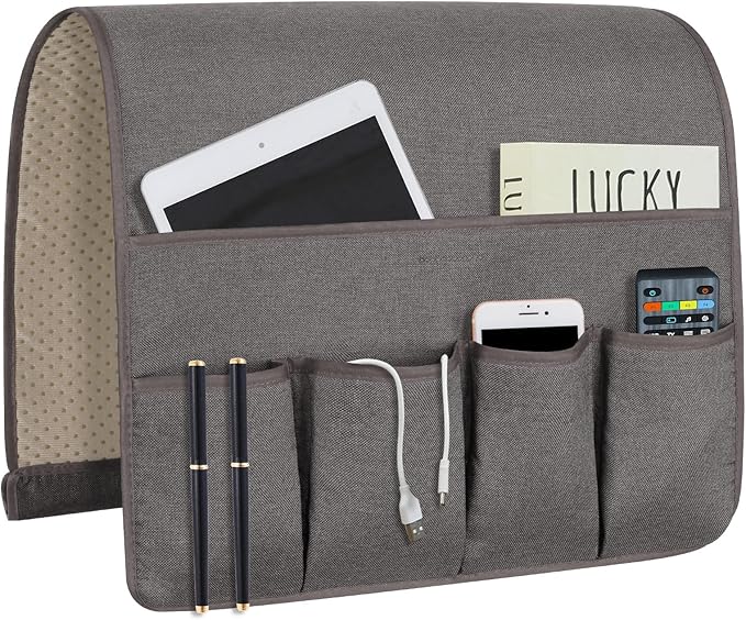 NB Sofa Armrest Organize remote holder bedside caddy organizer with 5 pockets，non-slip couch remote control holder couch armchair caddy accessories (Dark Grey, 35''x18'')