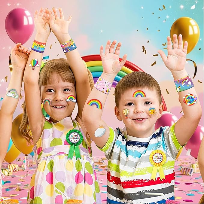 48PCS Rainbow Party Favors - 24PCS Tattoos & 24PCS Slap Bracelets - Unicorn & Rainbow Birthday Supplies, Magical Baby Shower Decorations, Classroom Prizes, Gifts for Girls
